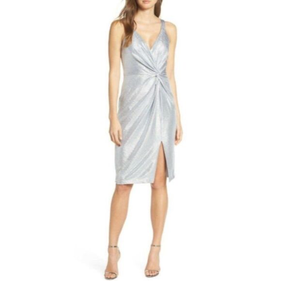 Eliza J Metallic Silver Twist Front Cocktail Maxi Dress Womens Designer Stylish - Picture 1 of 7